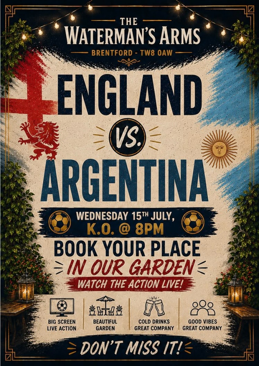 Watch England V Argentina in the World Cup semis at the Watermans Arms